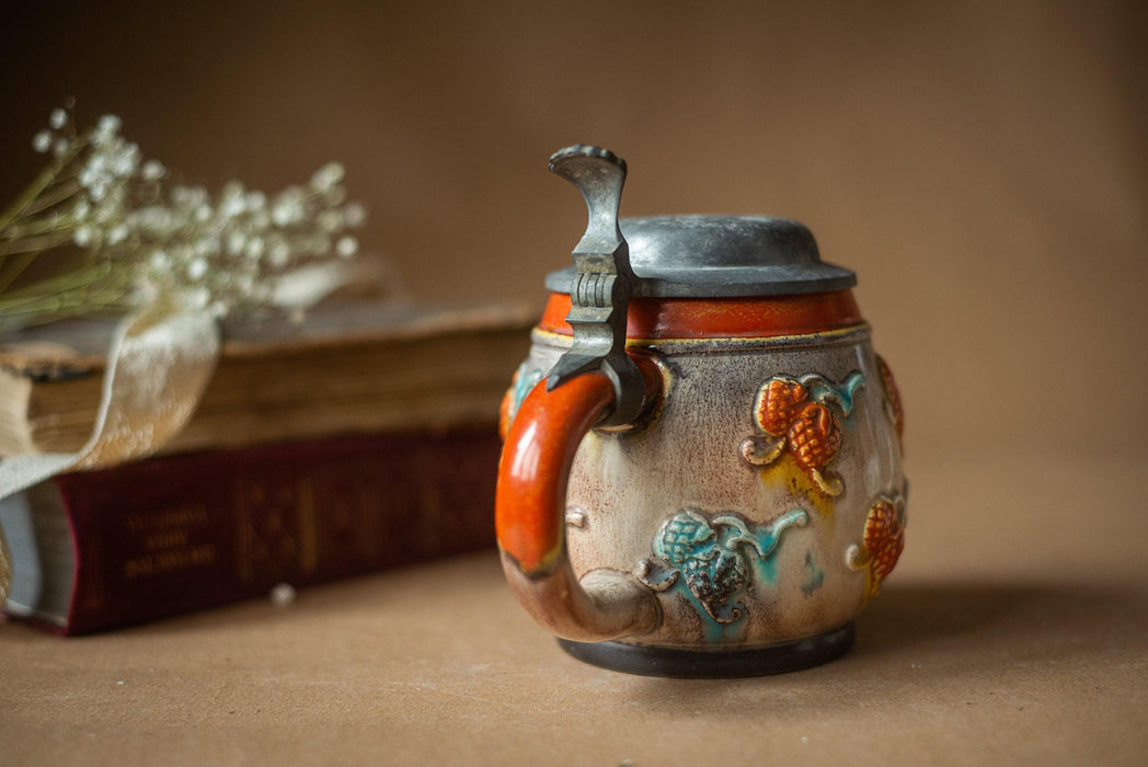 Vintage Ceramic Beer Stein with Lid Handpainted Rustic Floral Tankard