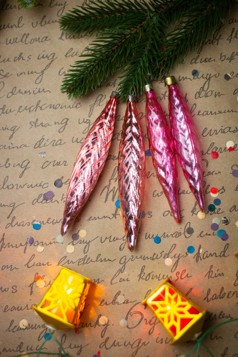 Vintage Christmas Ornaments – 1950s Pink Gold Silver Glass Icicles