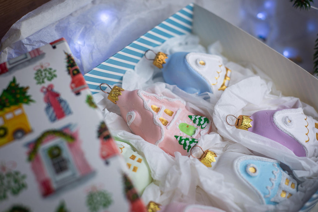 Glass houses Christmas ornaments, rustic candy pastel Xmas hanging decorations, Christmas gift