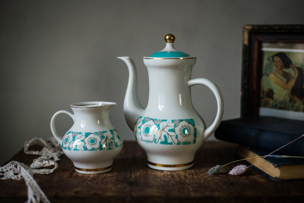 Vintage Porcelain Teapot and Creamer Set, Turquoise Floral USSR Tableware