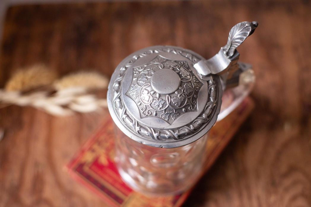 Vintage Glass Beer Stein with Pewter Lid German Barware Tankard