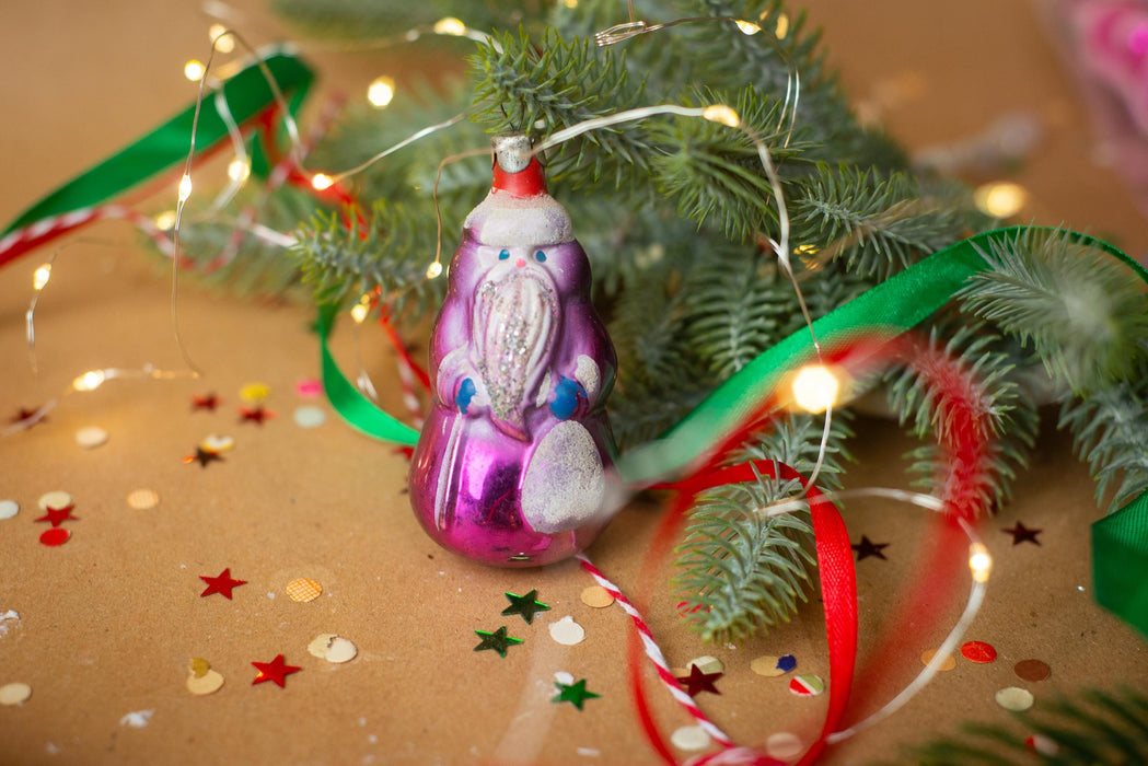 Vintage Santa Glass Christmas Ornament, Rustic Xmas Tree