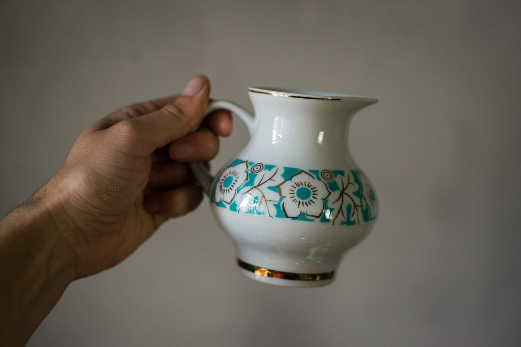 Vintage Porcelain Teapot and Creamer Set, Turquoise Floral USSR Tableware