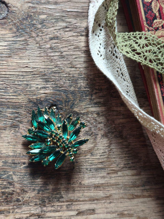 Vintage Green Rhinestone Brooch 1970s, Emerald Crystal Statement Pin