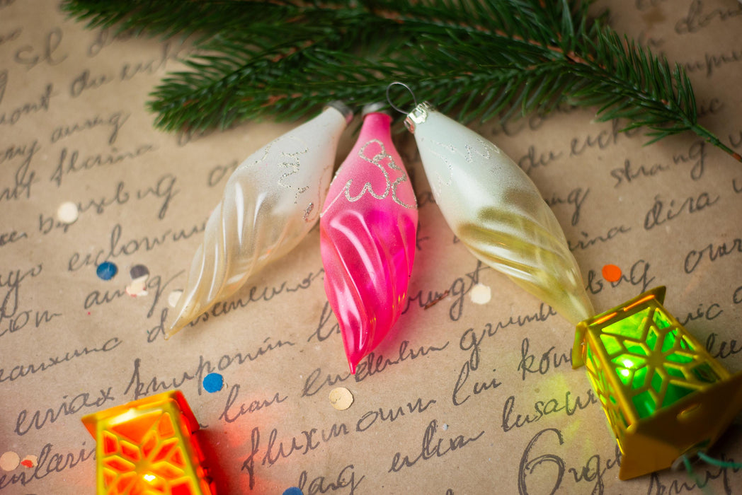 Candy Glass Icicle Christmas Ornaments, Vintage Set of 7