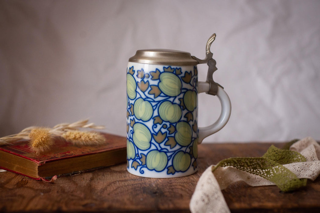 Vintage Bavarian Beer Stein Apple Pattern Ceramic Mug with Lid Germany