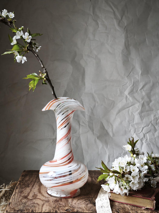 Murano Style Swirl Glass Vase, Hand Blown White Orange Mid Century Decor