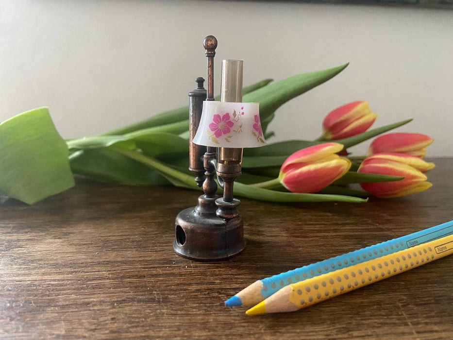 Vintage Brass Sharpener, 1970s Hong Kong Mini Lamp Pencil, 2.5in.