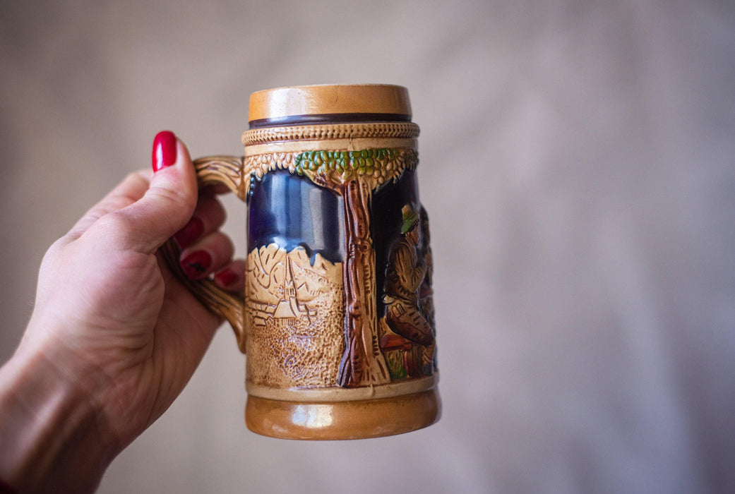 Vintage Ceramic Beer Mug German Folk Relief Stein Oktoberfest Barware