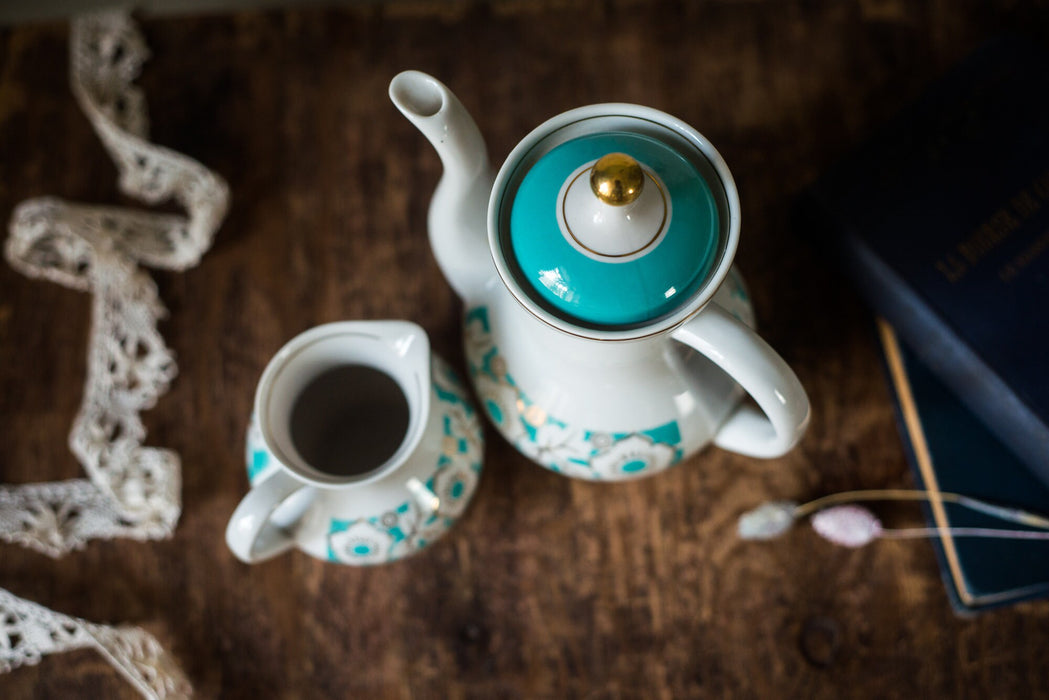 Vintage Porcelain Teapot and Creamer Set, Turquoise Floral USSR Tableware
