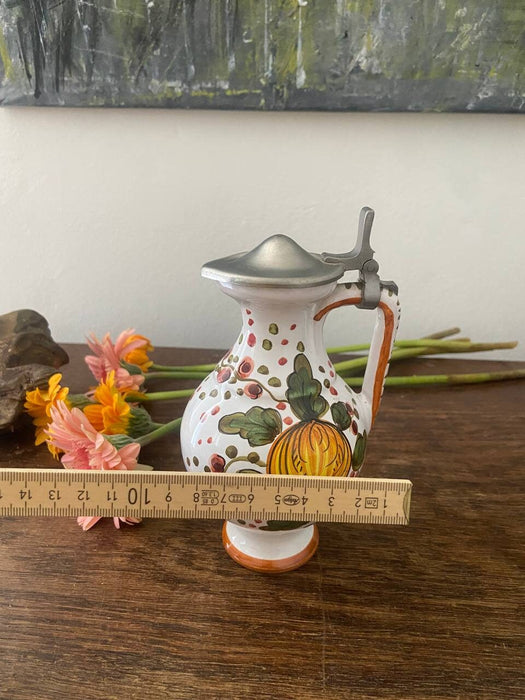 Vintage Ceramic Pitcher - Hand Painted Jug With Metal Lid | 1970s German Carafe