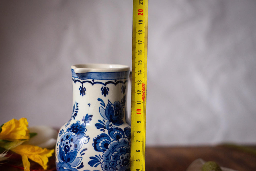 Hand-painted Delft Blue pitcher, flowers and birds, Holland Vintage Ceramic