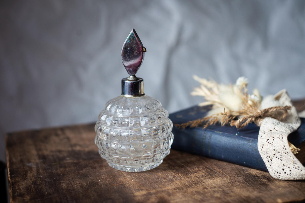 Vintage Glass Perfume Bottle, Textured Vanity Scent Decanter with Metal Stopper