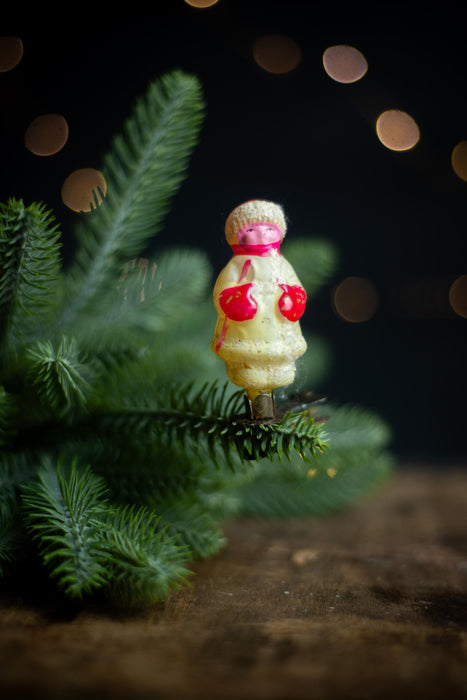 Vintage Glass Christmas Ornament Girl with Red Mittens