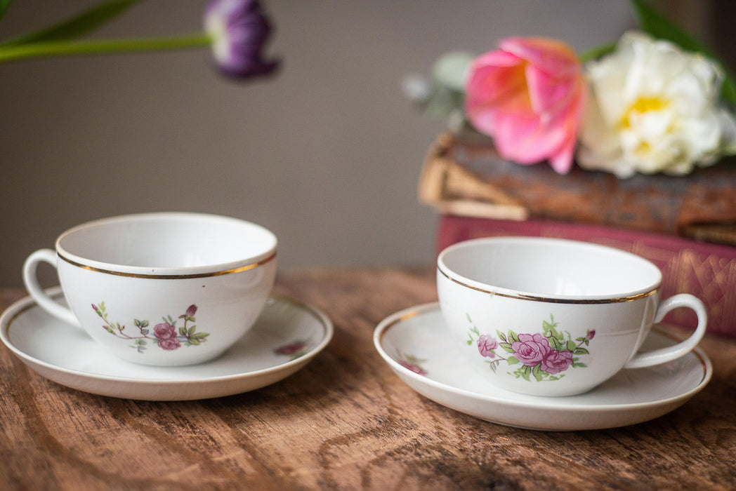 Vintage White Porcelain Cup and Saucer with Pink Floral Pattern, 1970s