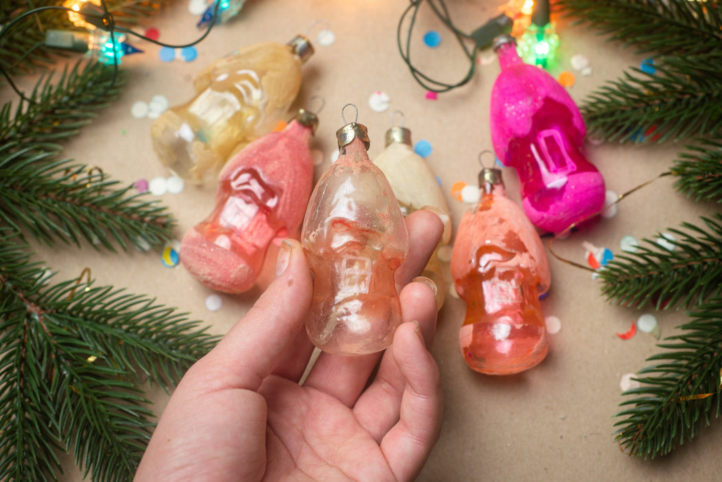 Vintage Glass House Christmas Ornaments, Frosted Retro