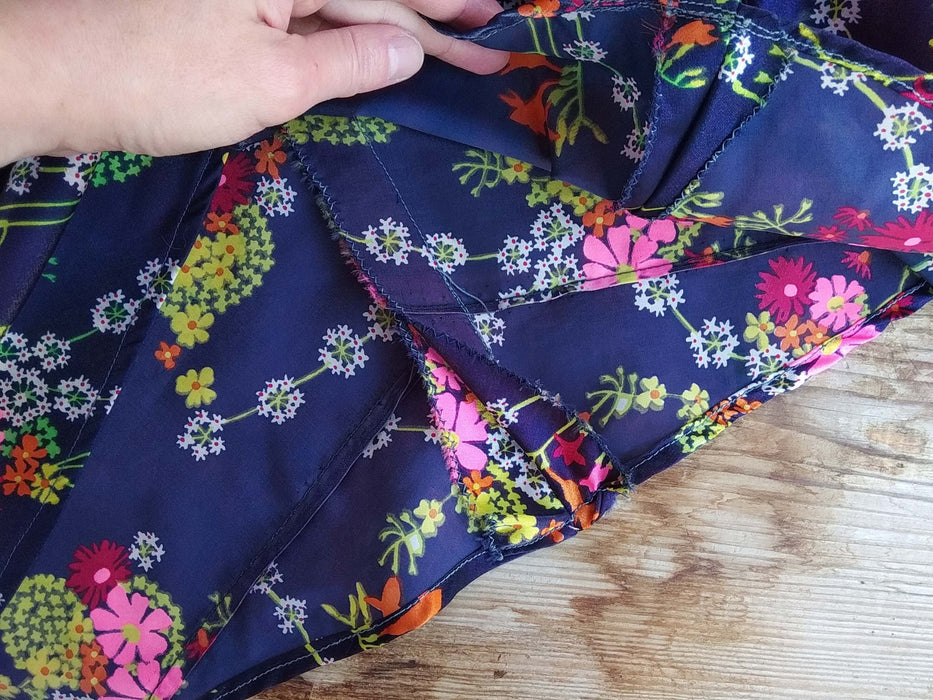 Vintage Floral Dress - Blue Satin Midi Wrap With Waisted Silhouette & Boho Style