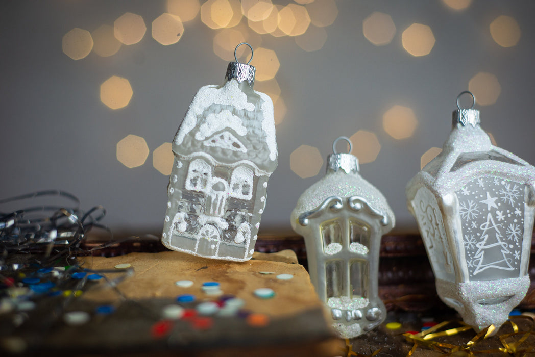 Frosted Glass House Ornament, White Winter Village