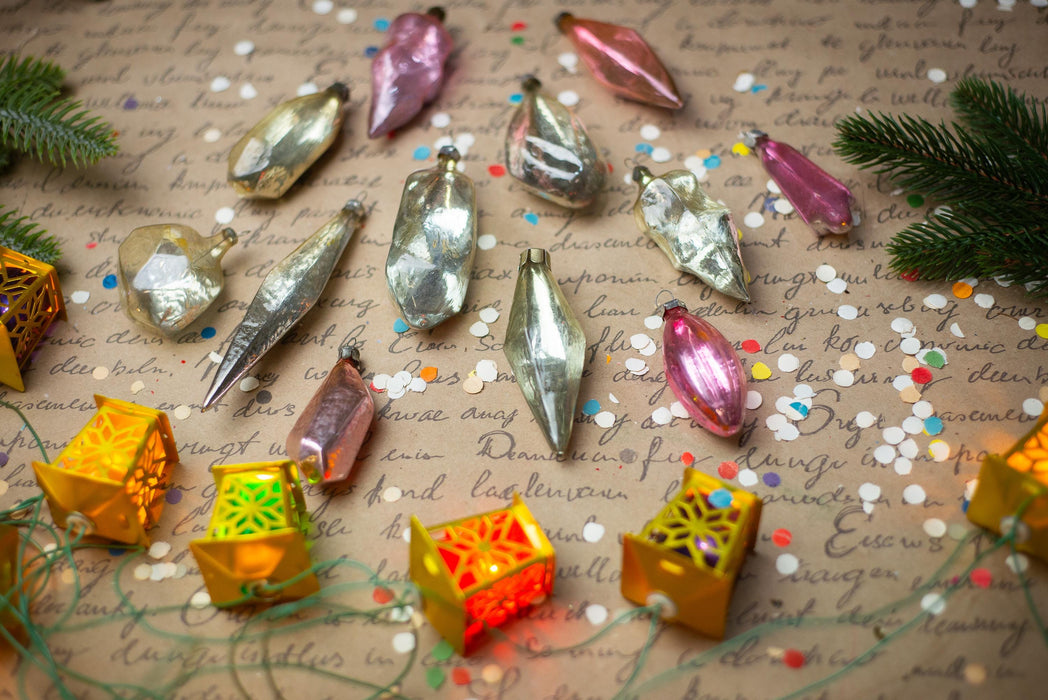 Vintage Pink Silver Glass Christmas Ornaments Set of 12, 1950s Mixed Baubles