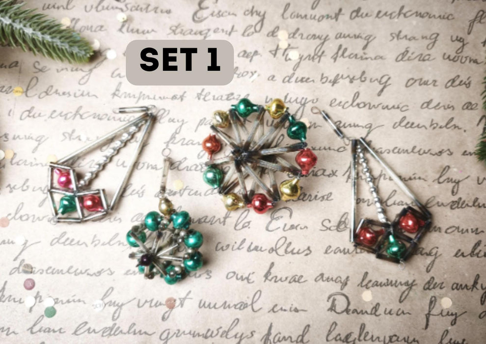 Vintage Glass Christmas Ornaments, Beaded 1950's Geometric 7-12cm