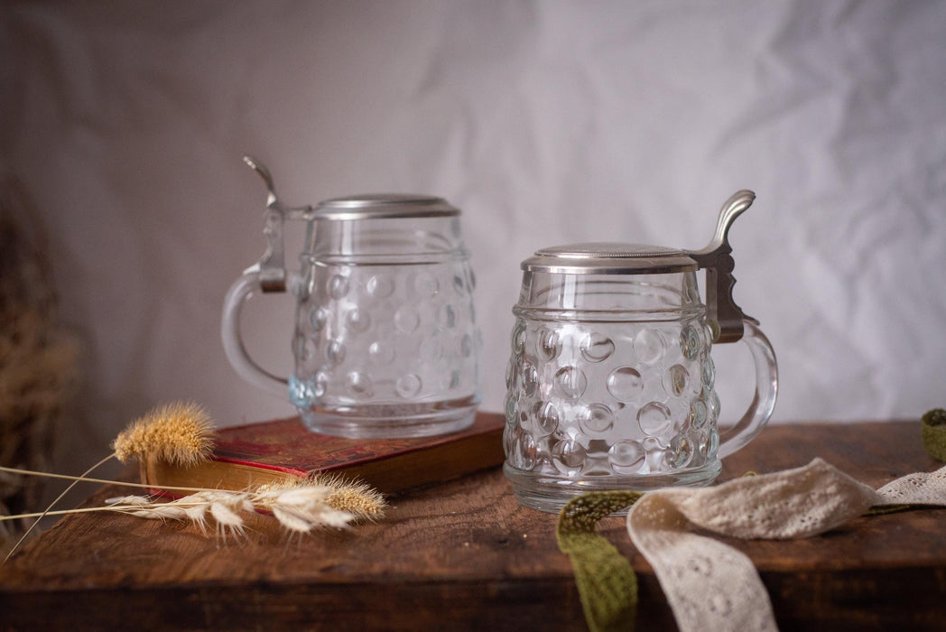 Vintage German Glass Beer Stein with Metal Lid Classic Barware Tankard