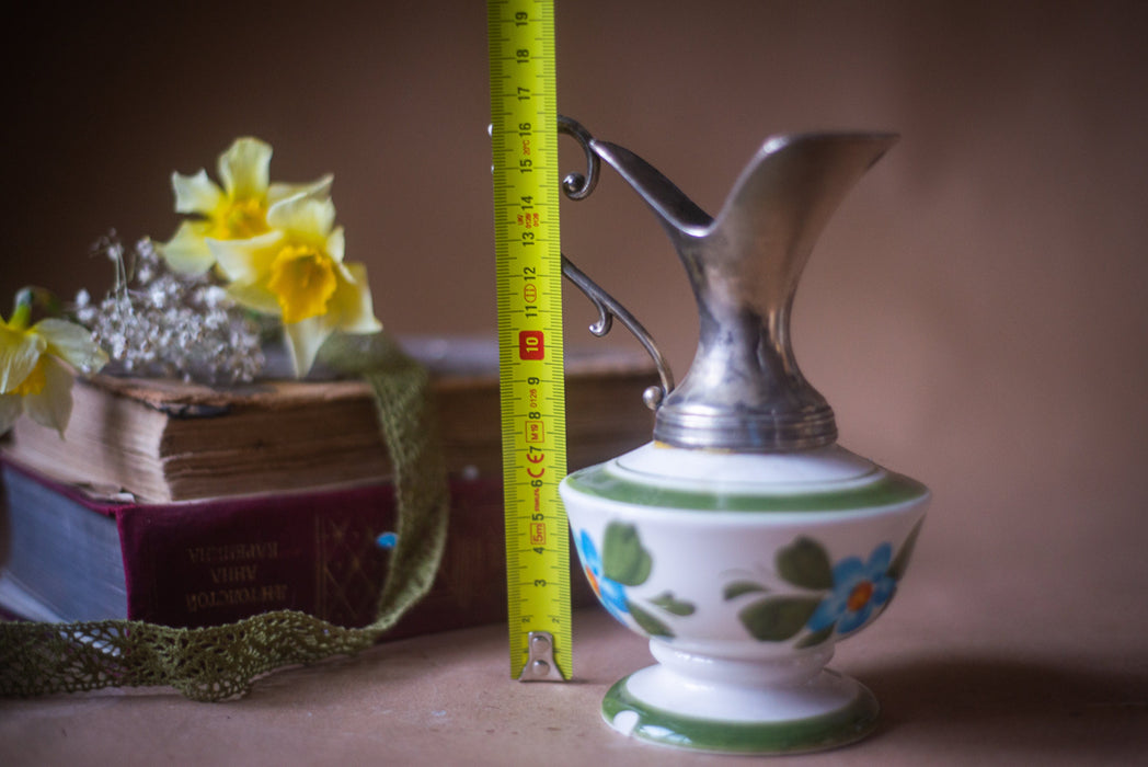 Ceramic jug with metal top, hand-painted clay carafe, 1970s German pitcher, blue flower ornament, mother's day gift