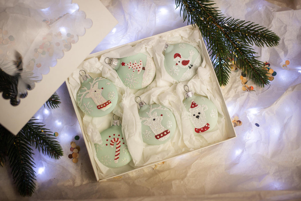 Set of 6 glass Christmas ornaments, cute Xmas tree hanging decorations