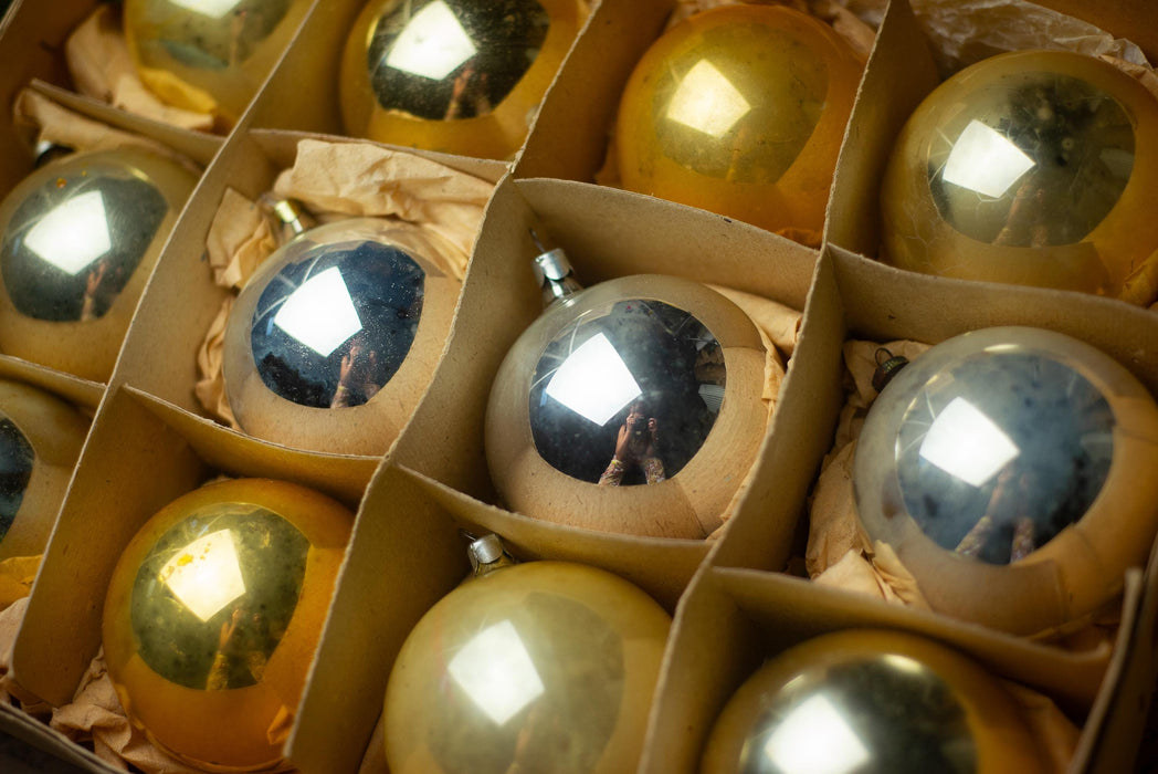 Vintage Silver Gold Glass Christmas Ball Ornaments Set of 12, Soviet Box