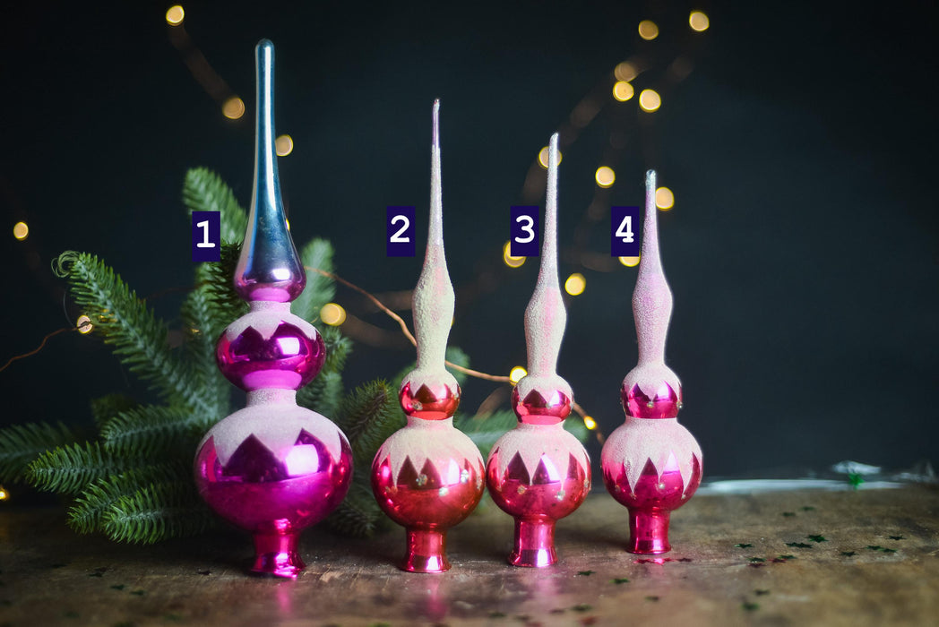 Christmas tree toppers, hot pink and white frosted decor
