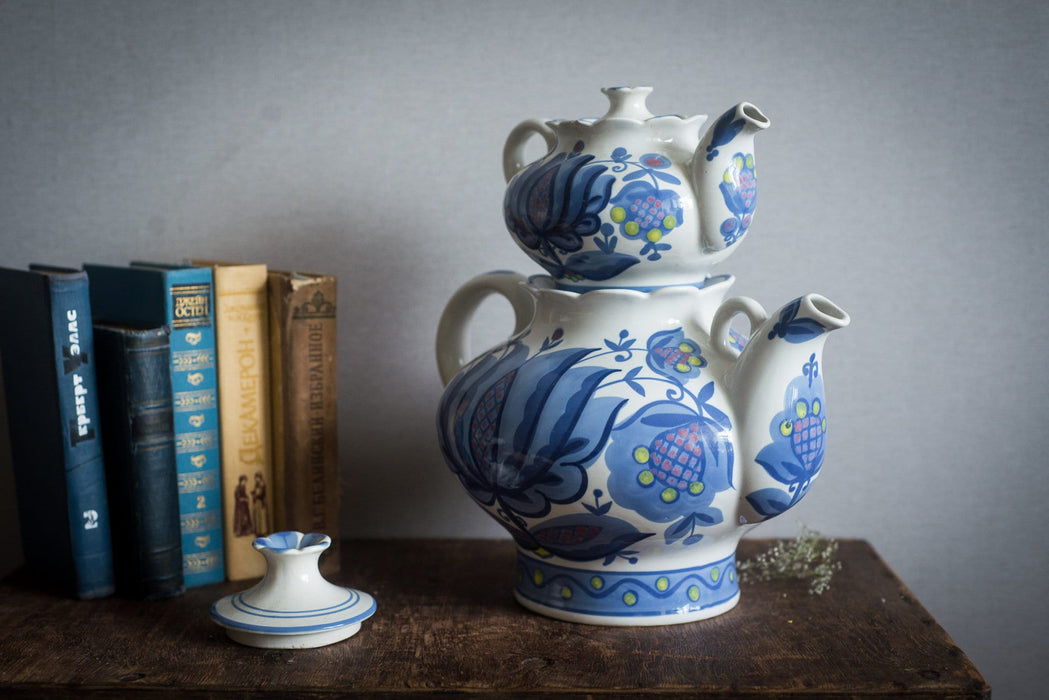 Vintage Ceramic Teapot Set', Blue Gzhel Floral Two-Pot Teapots