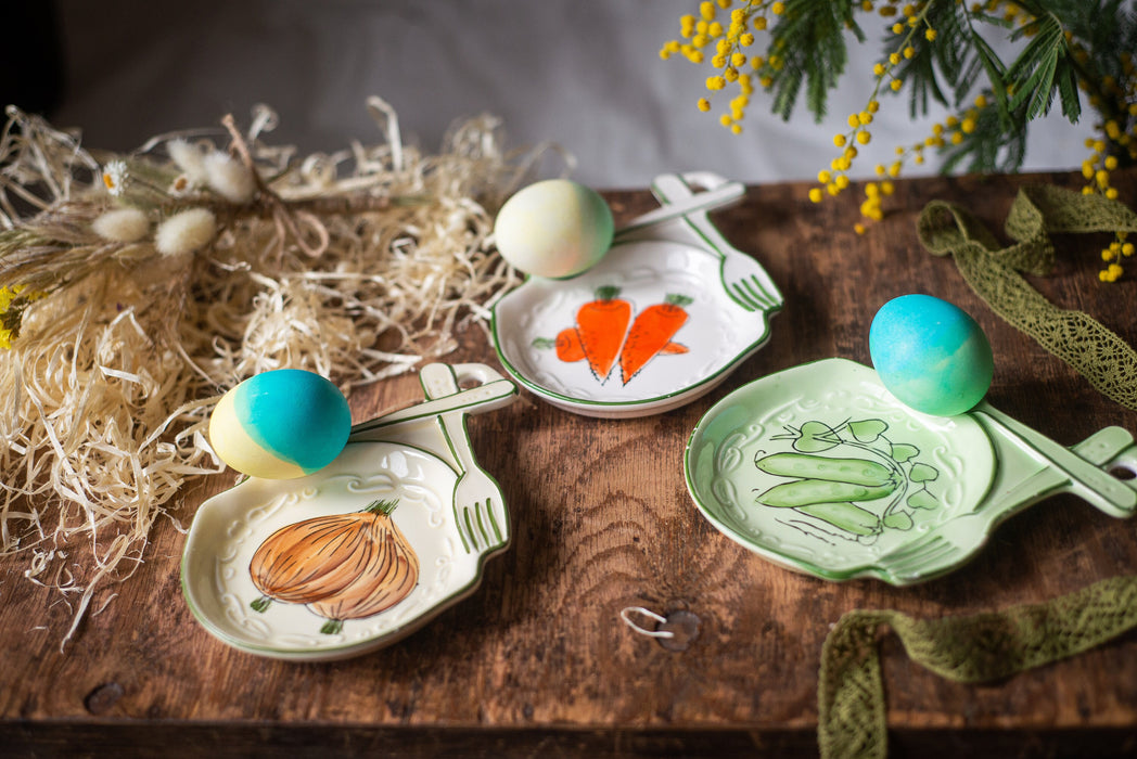 Vintage Ceramic Appetizer Plates – German Vegetable Motif Rustic Farmhouse Tableware