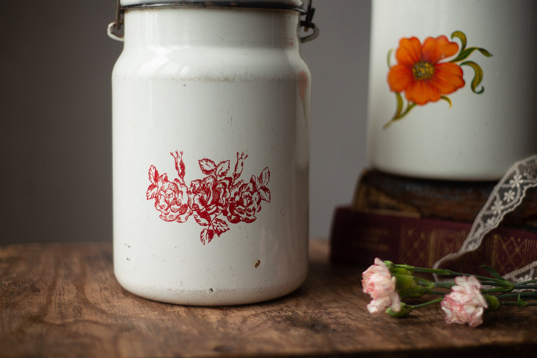 Vintage Enamel Milk Canister | 23.5 cm (9.25 in) Tall, White Red Floral +Lid