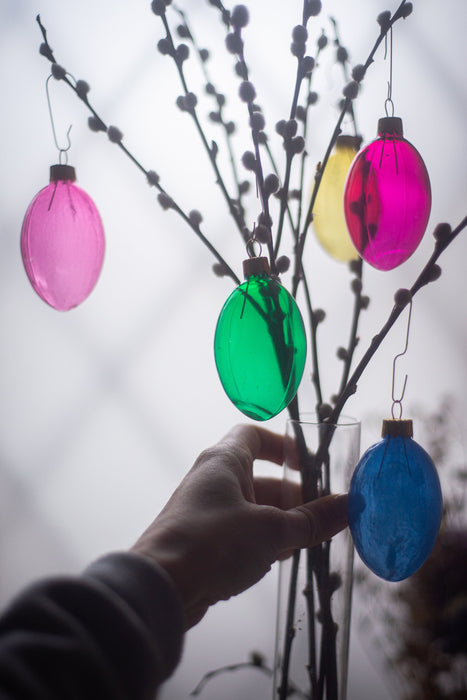 Glass Easter Eggs - Hand-Blown Colorful Hanging Ornaments in Wooden Box Storage