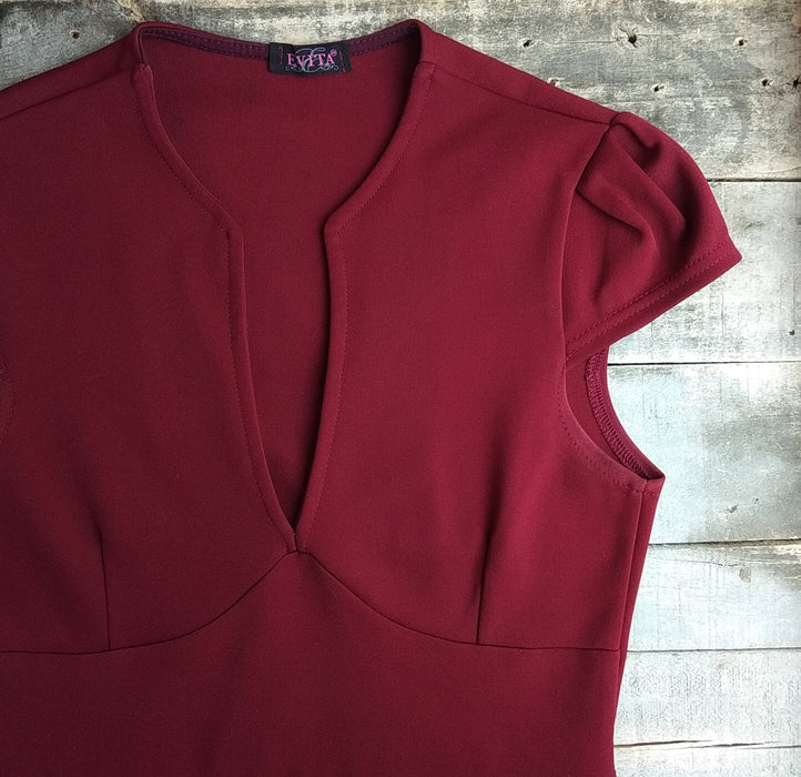 Vintage Peplum Dress - Burgundy Midi Knee Length Sheath With Deep V-Neck
