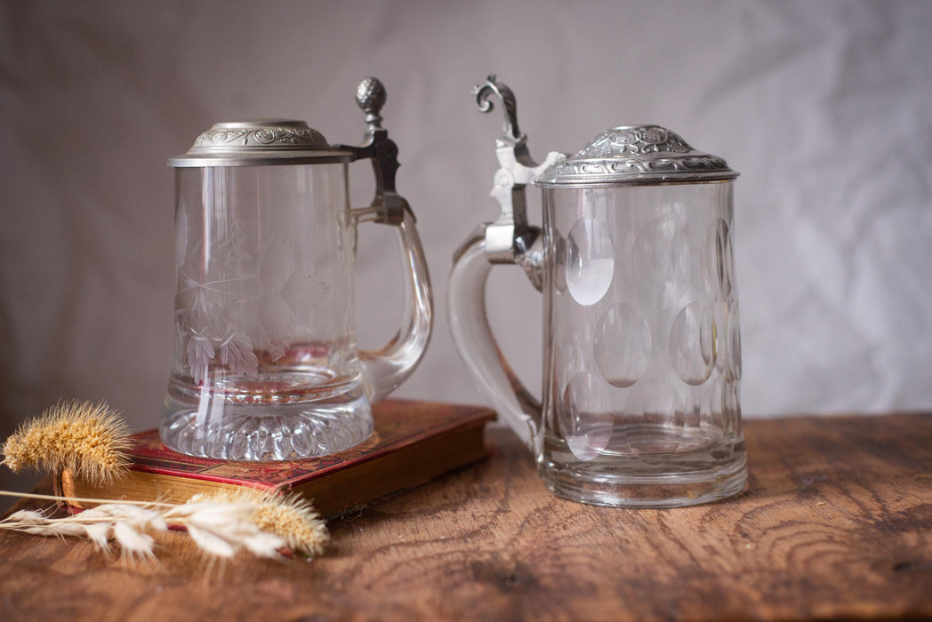 Vintage Glass Beer Stein with Pewter Lid German Barware Tankard