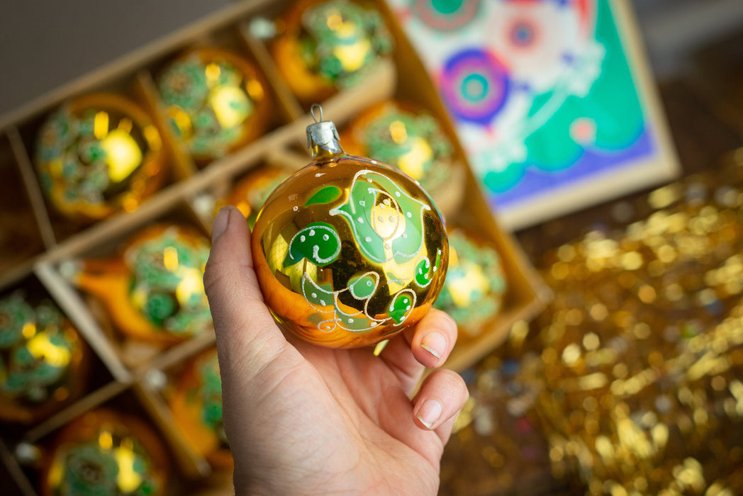 Vintage Glass Christmas Ornaments Gold Green Hand-Painted Box Set