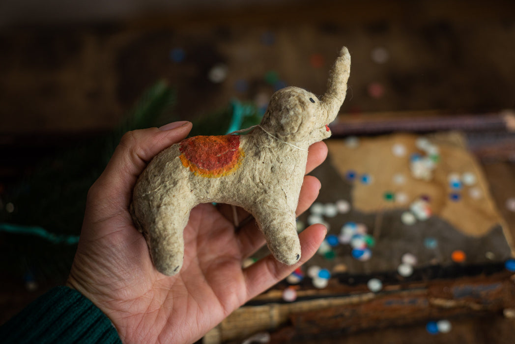 Antique Spun Cotton Elephant Ornament, Primitive