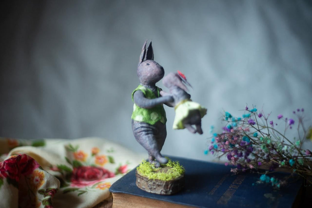 Father Bunny Figurine - Rustic Easter Decor Spun Cotton Collectible Rabbit Doll