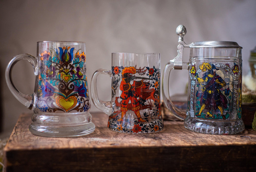 Vintage German Glass Beer Mugs Set Medieval Floral Tankards Barware