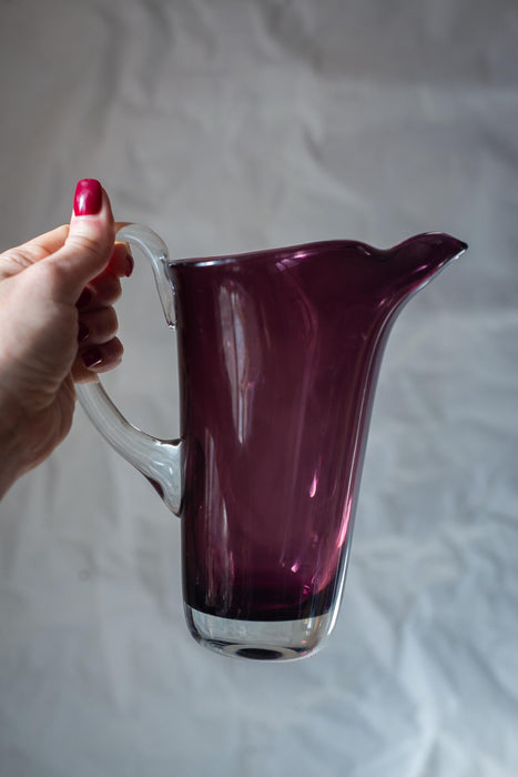 Vintage Amethyst Glass Pitcher & Czech Crystal Fruit Bowl, Mid Century Retro Tableware, 70s Purple Glass