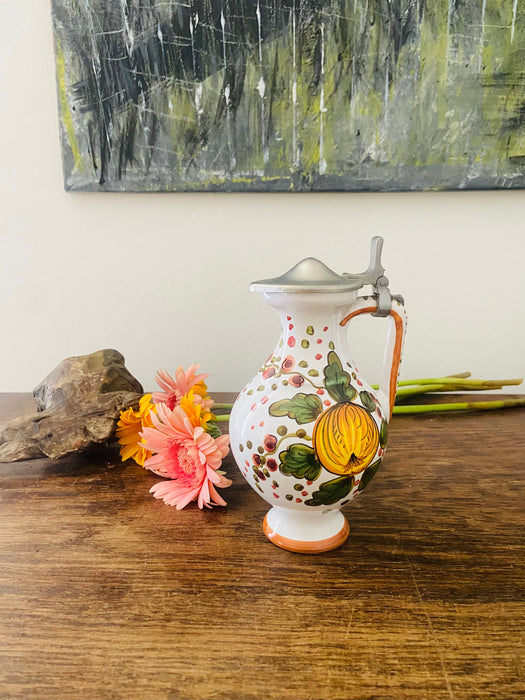 Flower Ceramic wine jug with metal lid, vintage carafe, 1970s German pitcher