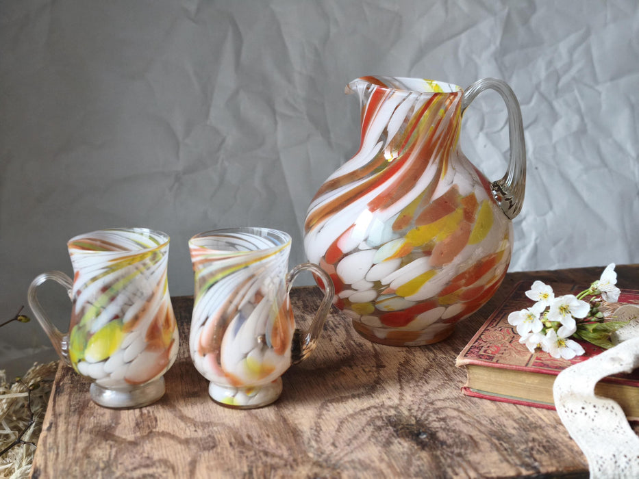 Vintage Murano Glass Pitcher Hand-Blown 1970s With Matching Mugs
