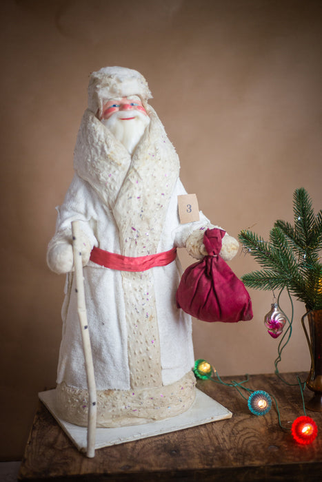21" Spun cotton vintage Santa Claus figurine in a white coat