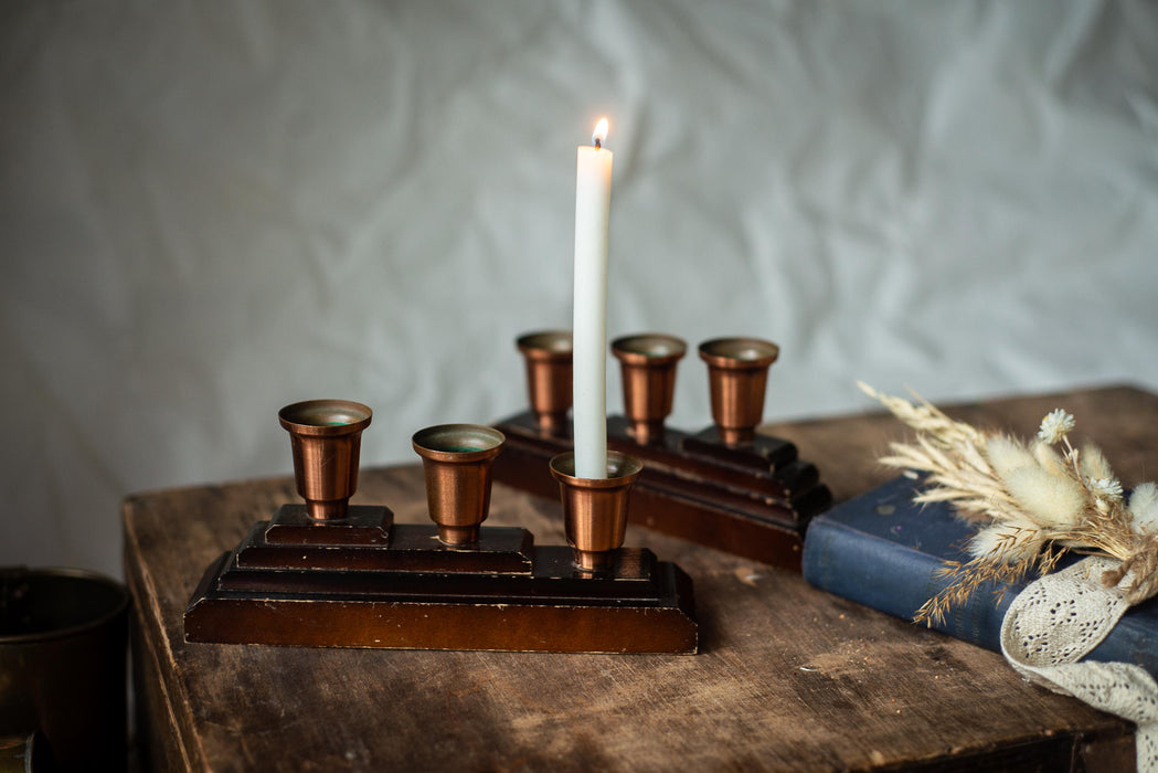 Wooden Brass Candle Holders, German Vintage Set of 2, Mid Century Candlestick Holders