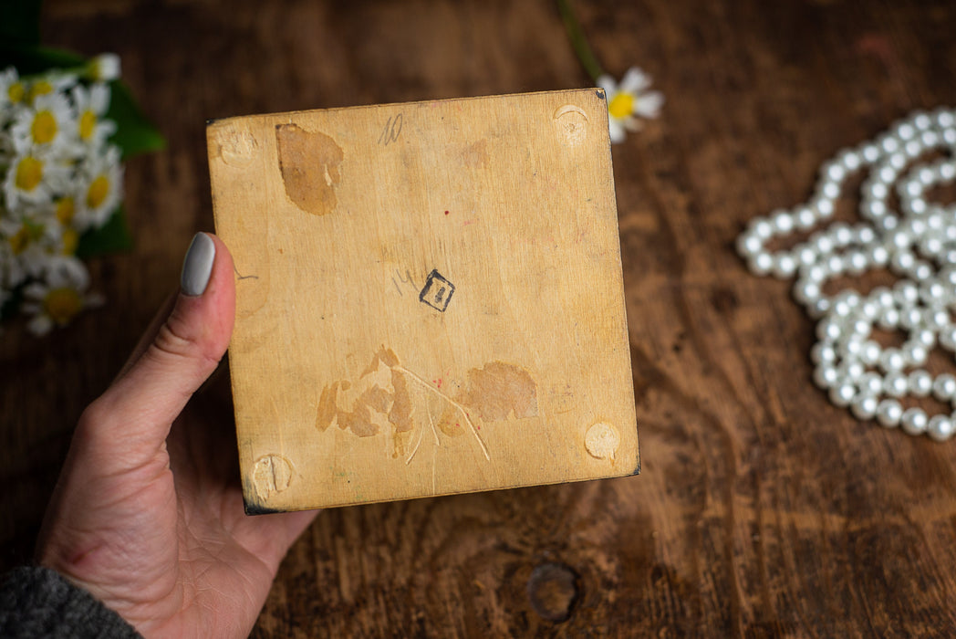 Vintage Wooden Trinket Box with Floral Enamel and Brass Inlay Jewelry Storage