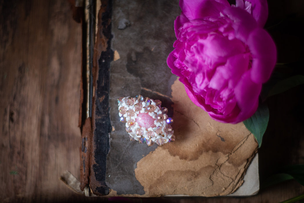 Pink flower brooch, vintage crystal lapel pin, 1970s white floral jewelry, retro old beaded brooch, Victorian shawl pin