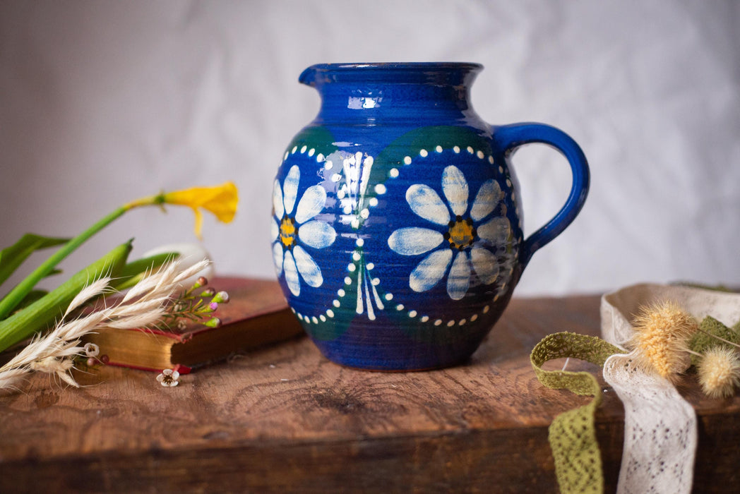 Blue Ceramic Pitcher with Daisies – Rustic German Farmhouse Jug