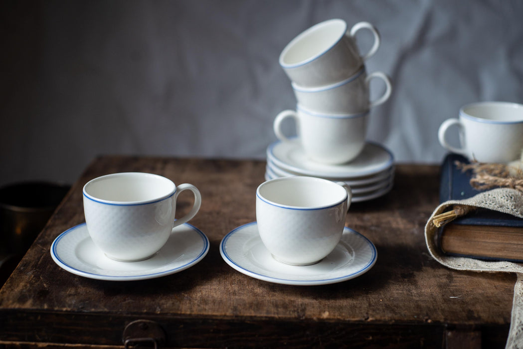 Vintage Villeroy & Boch Porcelain Coffee Set: White Blue Trim, German Tea Set