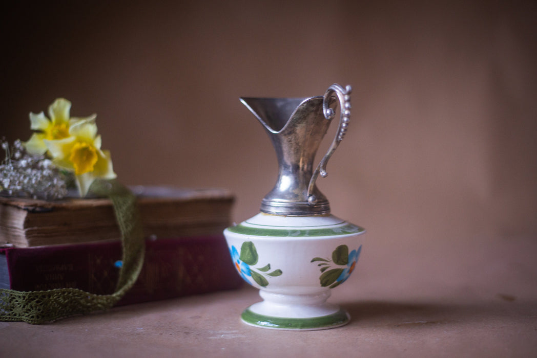 Ceramic jug with metal top, hand-painted clay carafe, 1970s German pitcher, blue flower ornament, mother's day gift