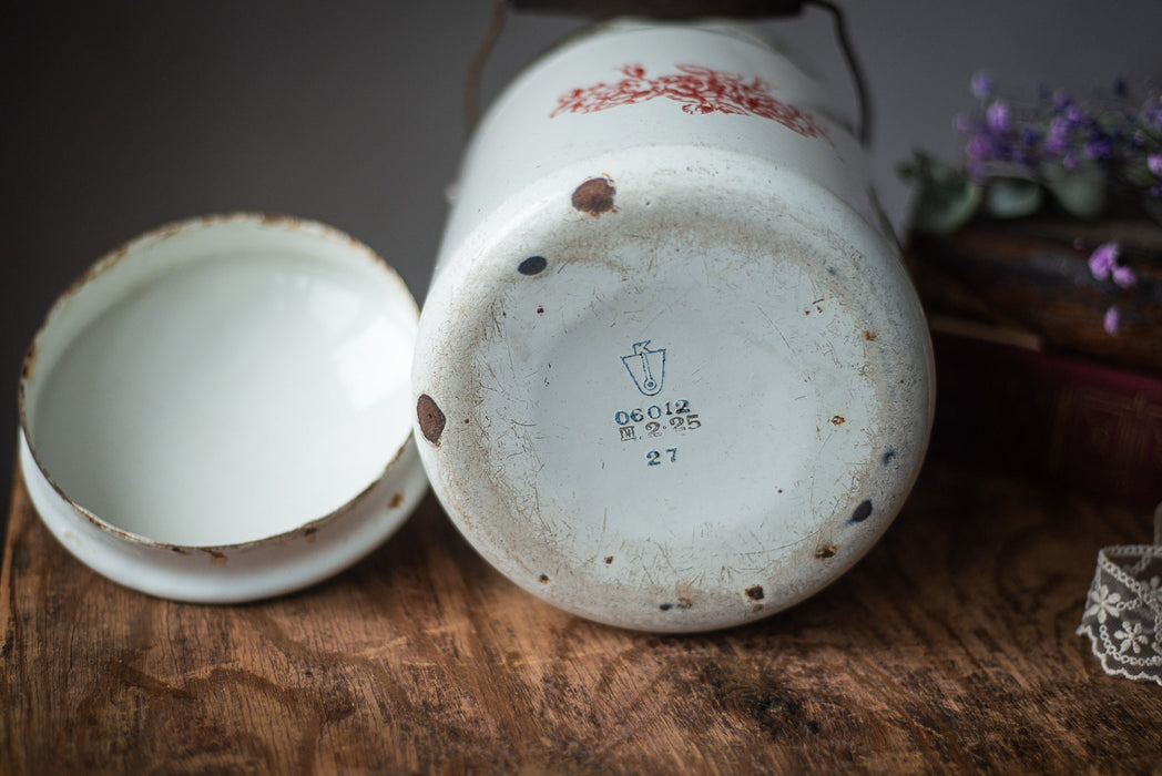 Vintage Enamel Milk Canister | 23.5 cm (9.25 in) Tall, White Red Floral +Lid